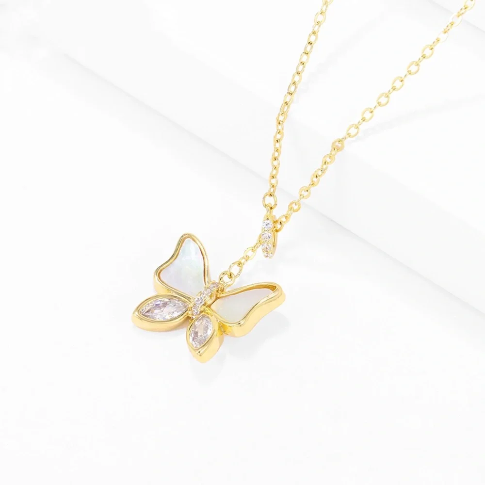 Butterfly Y Necklace | Mother of Pearl & CZ Stone 14k Gold Plated